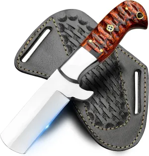 Handmade Damascus Bull Cutter Knife- 7” Sharp Cowboy Knife with Leather Sheath - BOCB, Black & Orange