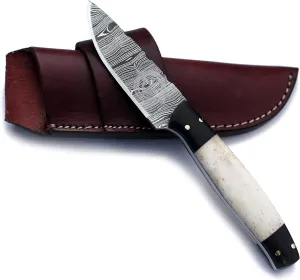 Handmade Damascus Outdoor Knife for Hunting,Survival,Camping and Fishing Fixed Blade with Drop Point-Full Tang Bone Handle with Cowhide-Leather Sheath - WKD-775