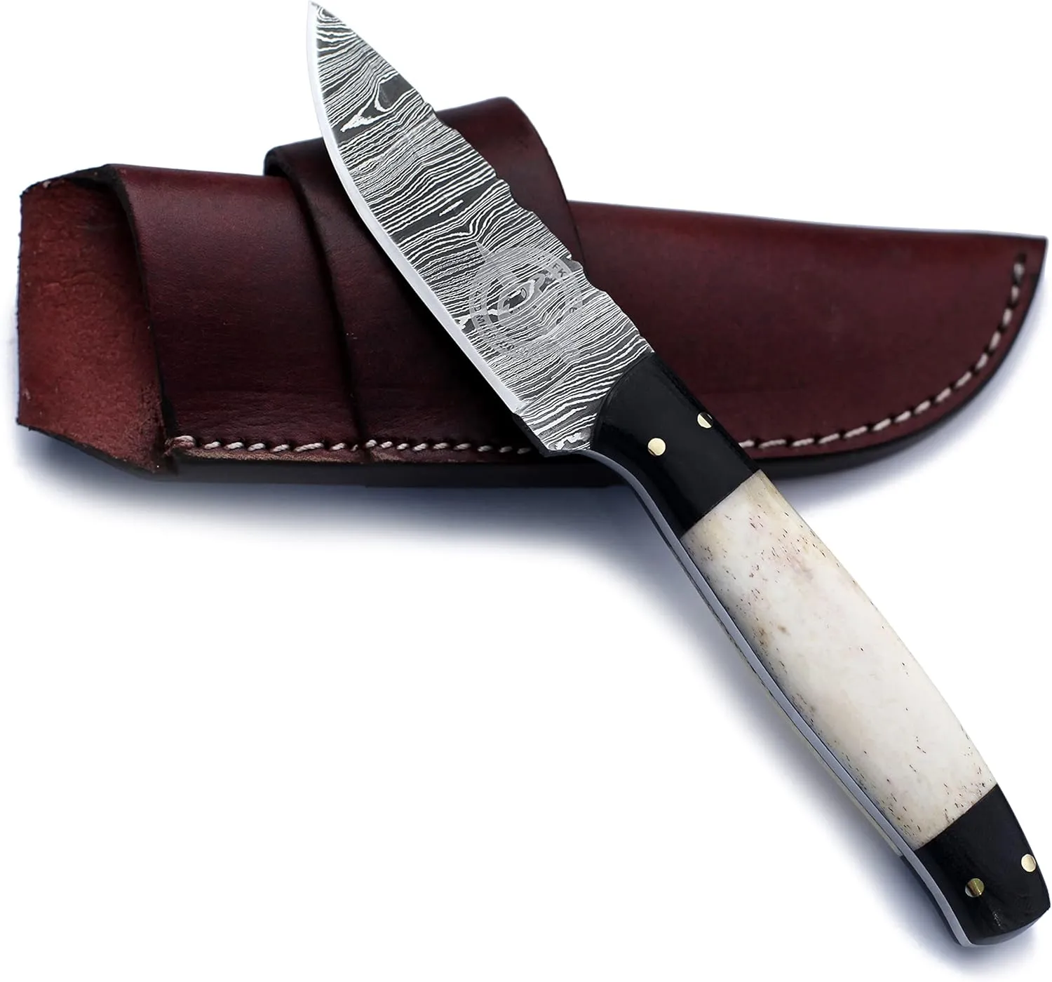 Handmade Damascus Outdoor Knife for Hunting,Survival,Camping and Fishing Fixed Blade with Drop Point-Full Tang Bone Handle with Cowhide-Leather Sheath - WKD-775