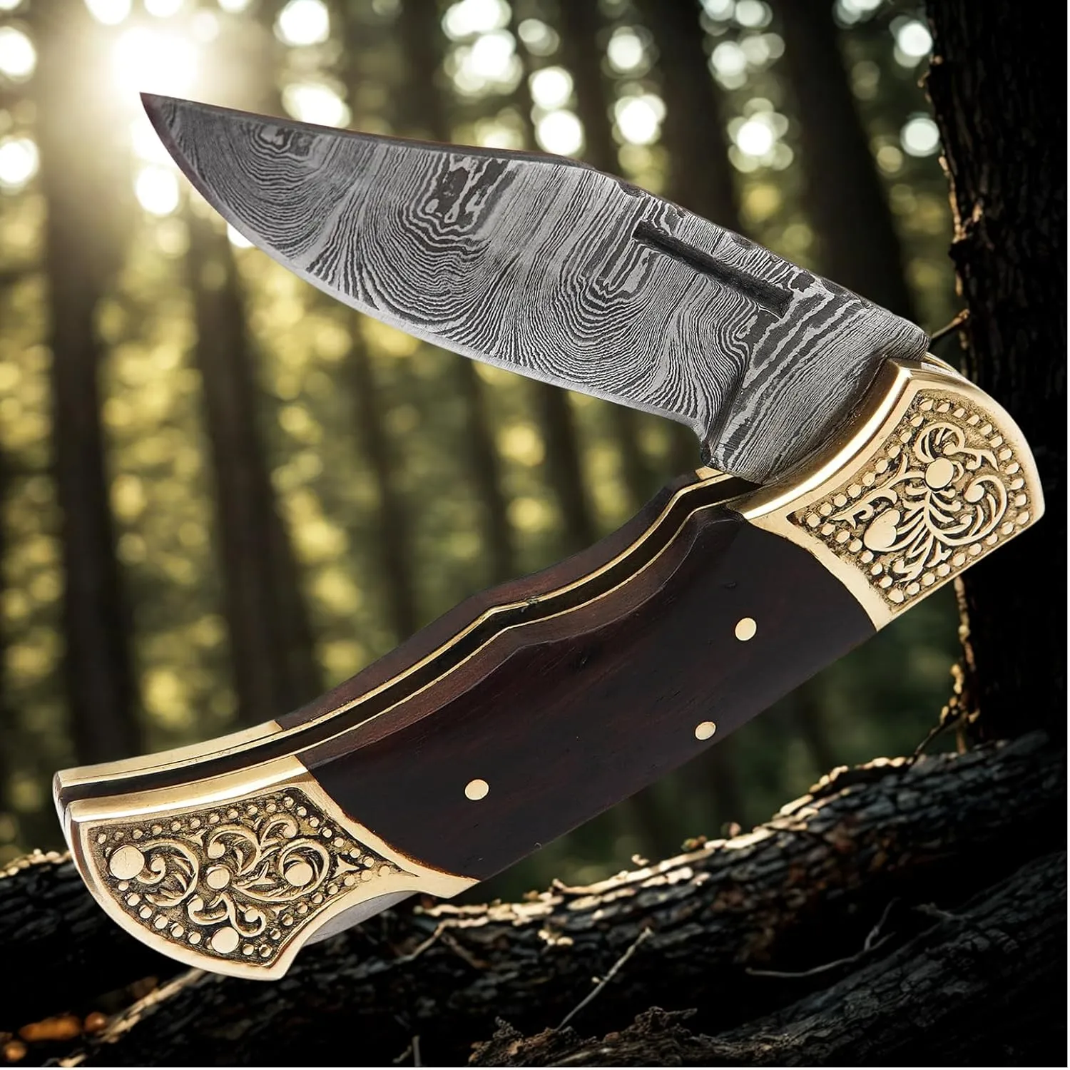 Handmade Damascus Pocket knife for Men - Damascus Folding Knife - Hunting Knife with Sheath for Champing, Hiking, Tracking - Gift for Men, Anniversary Present for Him, Dad, Boyfriend - Multi Shade