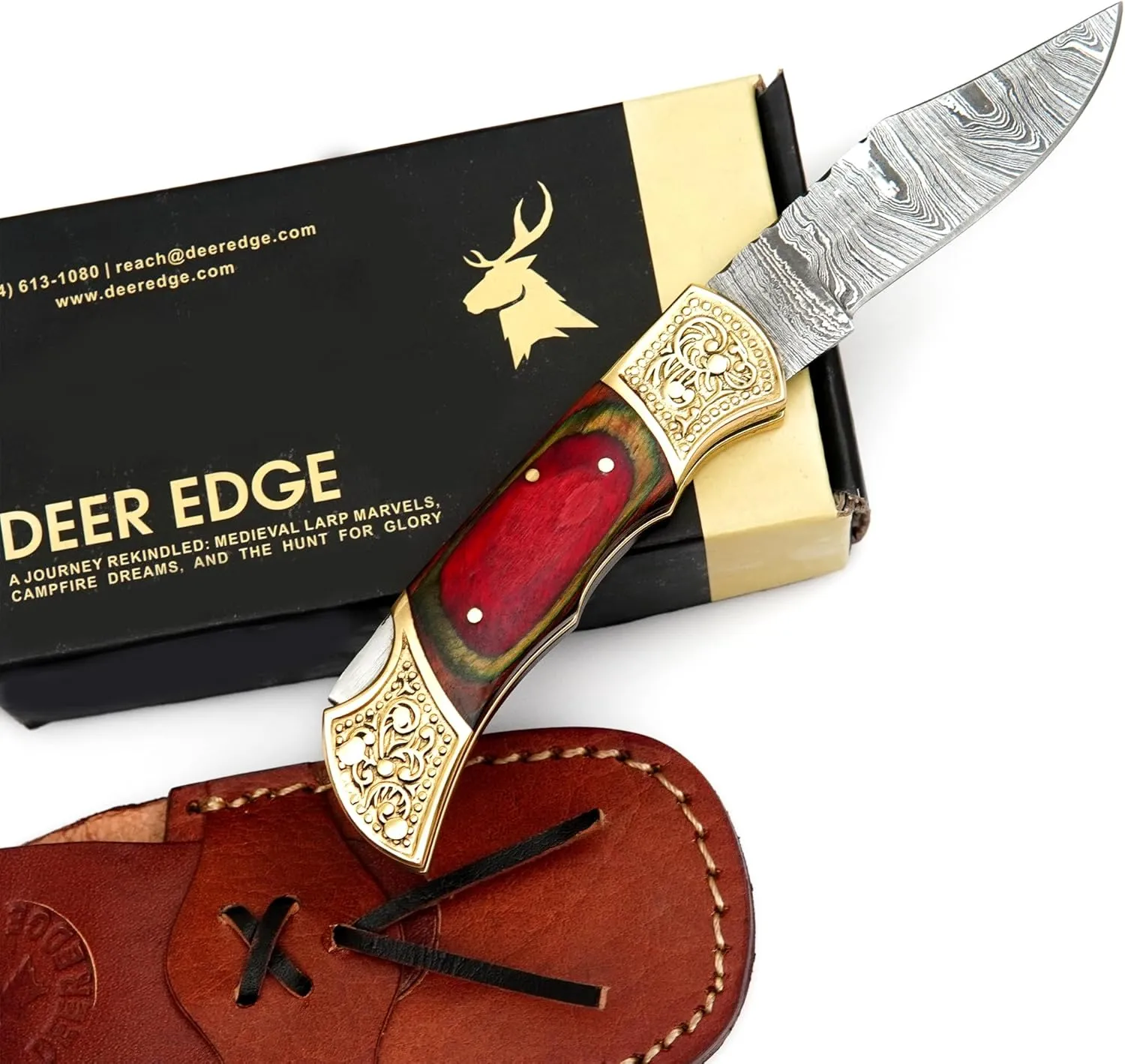 Handmade Damascus Pocket knife for Men - Damascus Folding Knife - Hunting Knife with Sheath for Champing, Hiking, Tracking - Gift for Men, Anniversary Present for Him, Dad, Boyfriend - Multi Shade
