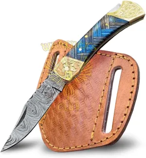 Handmade Damascus Pocket Knife with Sheath