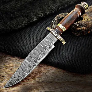Handmade Damascus Steel 13 Inches Bowie Knife for Outdoor, Bushcraft,Camping,Survival Fixed Blade Knives with sheath Rosewood and Bras Guards Handle