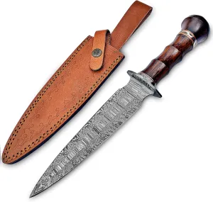 Handmade Damascus Steel Dagger Knife, 13 Inches Hunting knife Perfect Grip with Wood Handle, EDC Fixed Blade Knife With Leather Sheath for Camping, Tactical, Survival