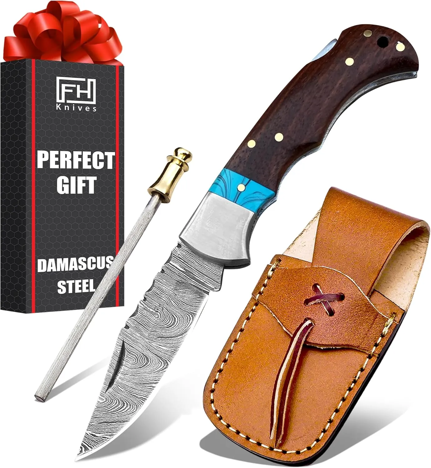 Handmade Damascus Steel Folding Pocket Knife for men - Cool Pocket knife with sheath - Damascus knife for Camping Hunting Fishing Indoor & Outdoors Activities