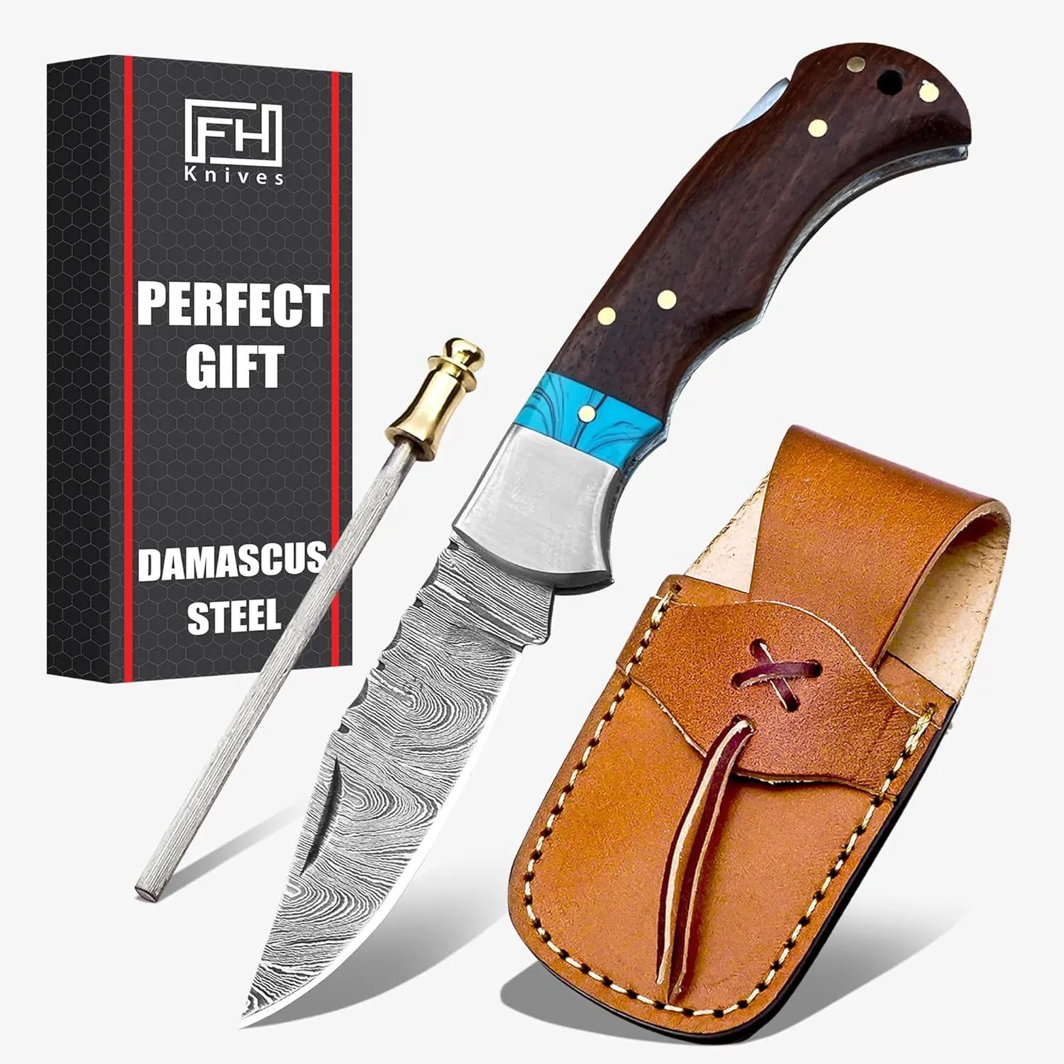 Handmade Damascus Steel Folding Pocket Knife for men - Cool Pocket knife with sheath - Damascus knife for Camping Hunting Fishing Indoor & Outdoors Activities