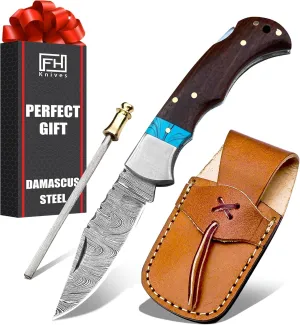 Handmade Damascus Steel Folding Pocket Knife for men - Cool Pocket knife with sheath - Damascus knife for Camping Hunting Fishing Indoor & Outdoors Activities
