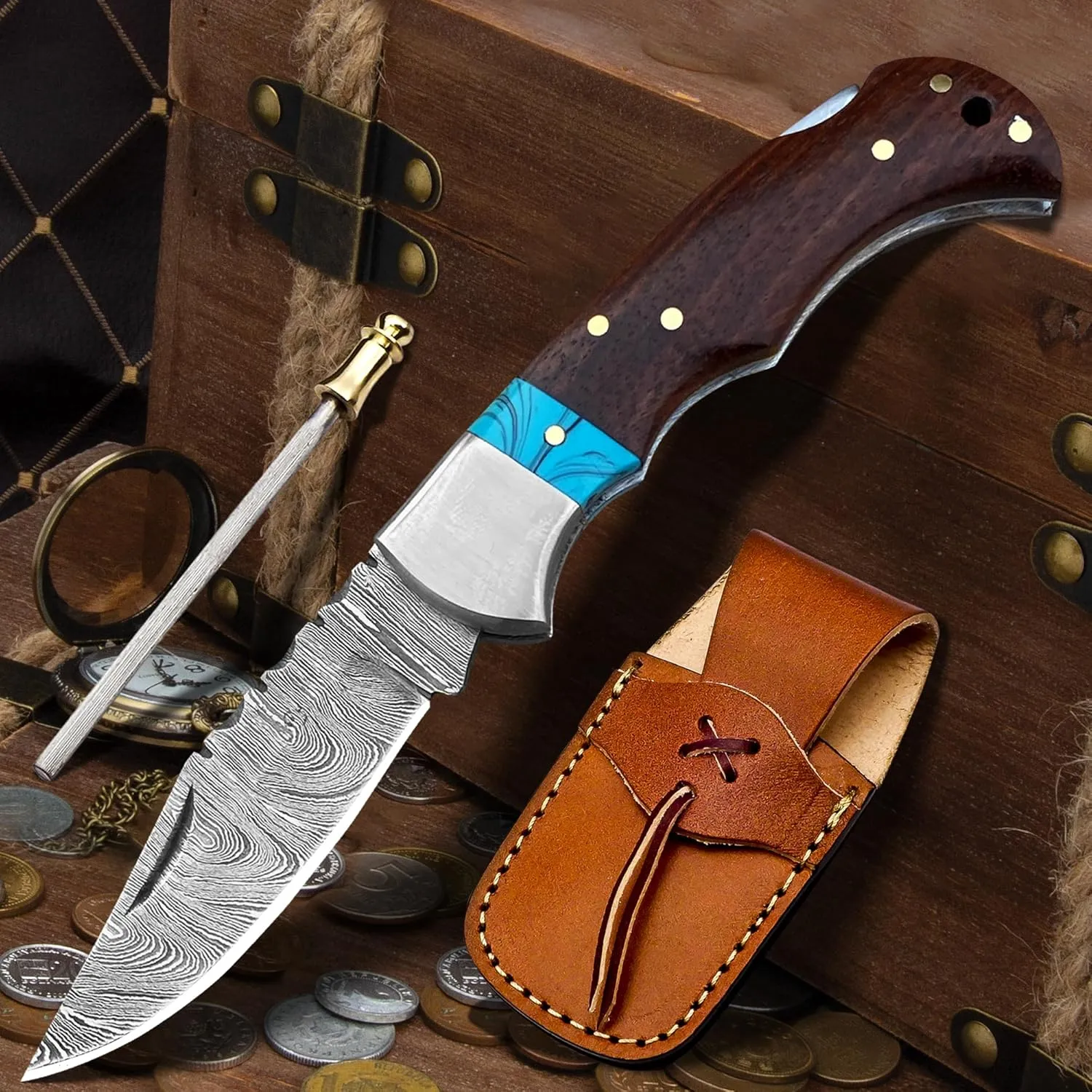 Handmade Damascus Steel Folding Pocket Knife for men - Cool Pocket knife with sheath - Damascus knife for Camping Hunting Fishing Indoor & Outdoors Activities