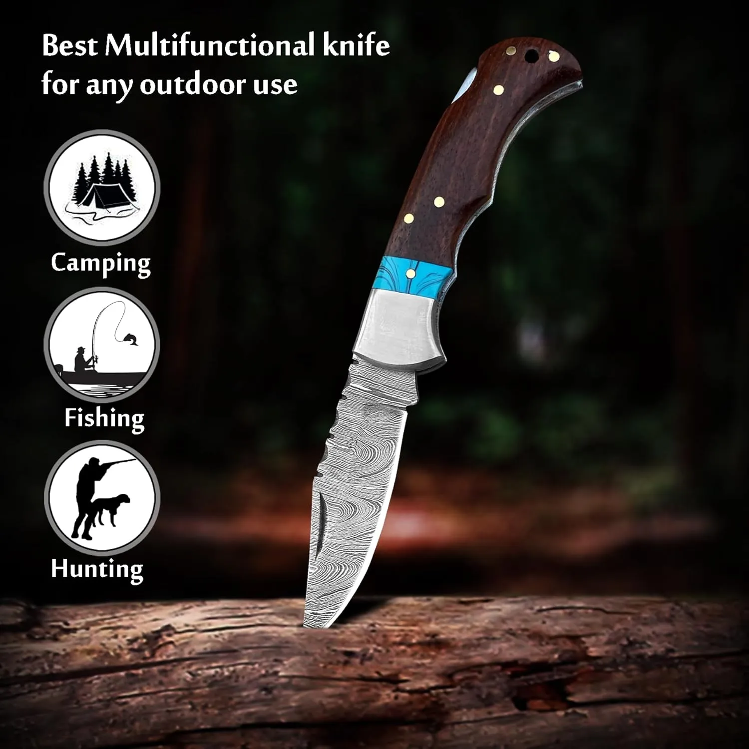 Handmade Damascus Steel Folding Pocket Knife for men - Cool Pocket knife with sheath - Damascus knife for Camping Hunting Fishing Indoor & Outdoors Activities