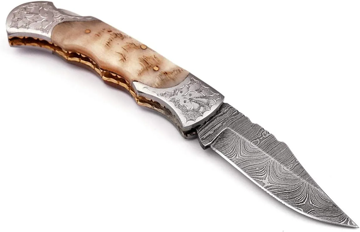 Handmade Damascus Steel Pocket Knife - Folding Knife with Damascus Blade & Ram Horn Handle - Back Lock & Leather Sheath - EDC Gift for Men