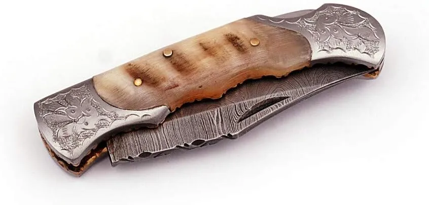 Handmade Damascus Steel Pocket Knife - Folding Knife with Damascus Blade & Ram Horn Handle - Back Lock & Leather Sheath - EDC Gift for Men