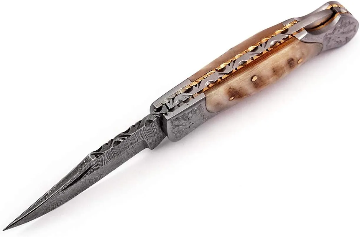 Handmade Damascus Steel Pocket Knife - Folding Knife with Damascus Blade & Ram Horn Handle - Back Lock & Leather Sheath - EDC Gift for Men