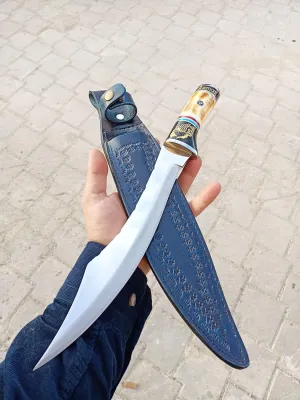 Handmade Deer Antler Handle Custom Machete Knife With Leather Sheath-Knife for Outdoor,Hunting,Fishing,Camping,Army and Gardening,Survival Defensive Machete Knife-Ultra Sharp Full Tang Blade-American Eagle Embroidered Handle Knife