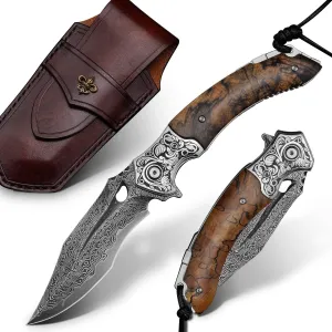 Handmade Japanese VG10 Damascus Steel Folding Knife, Wild survival pocket knife Maple Liner Lock Handle, EDC Pocket Knives for Men Outdoors Camping Fishing