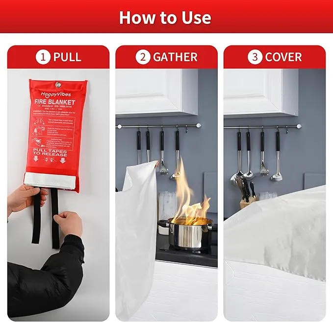 HappyVibes Emergency Fire Blanket for Home - 4 Pack Fiberglass Fire Extinguishing Blanket 40x40 Inches - Fire Blankets Emergency for Home, Kitchen, School, Office, Car, and Grill (Pack of 4)