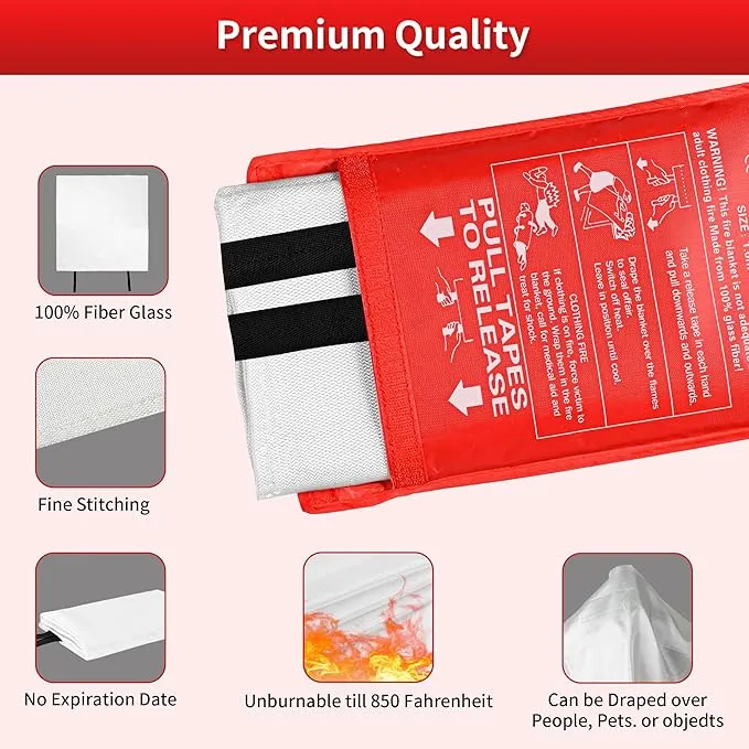 HappyVibes Emergency Fire Blanket for Home - 4 Pack Fiberglass Fire Extinguishing Blanket 40x40 Inches - Fire Blankets Emergency for Home, Kitchen, School, Office, Car, and Grill (Pack of 4)