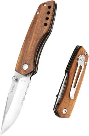 Harita Pocket Knife Folding Knife with Belt Clip, 2.9-inch 8Cr13Mov Steel Half Serrated Blade, Wood Handle, Safety Liner-Lock Knife for EDC Camping Fishing Camping Hunting Hiking Survival