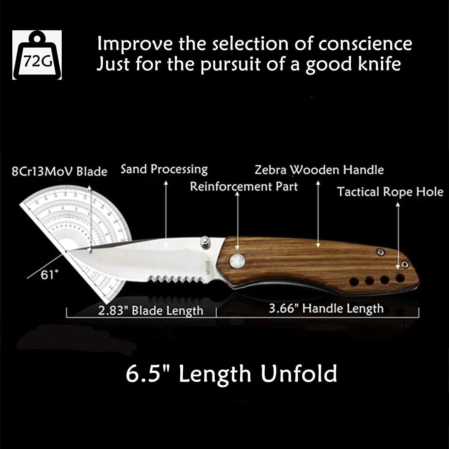 Harita Pocket Knife Folding Knife with Belt Clip, 2.9-inch 8Cr13Mov Steel Half Serrated Blade, Wood Handle, Safety Liner-Lock Knife for EDC Camping Fishing Camping Hunting Hiking Survival