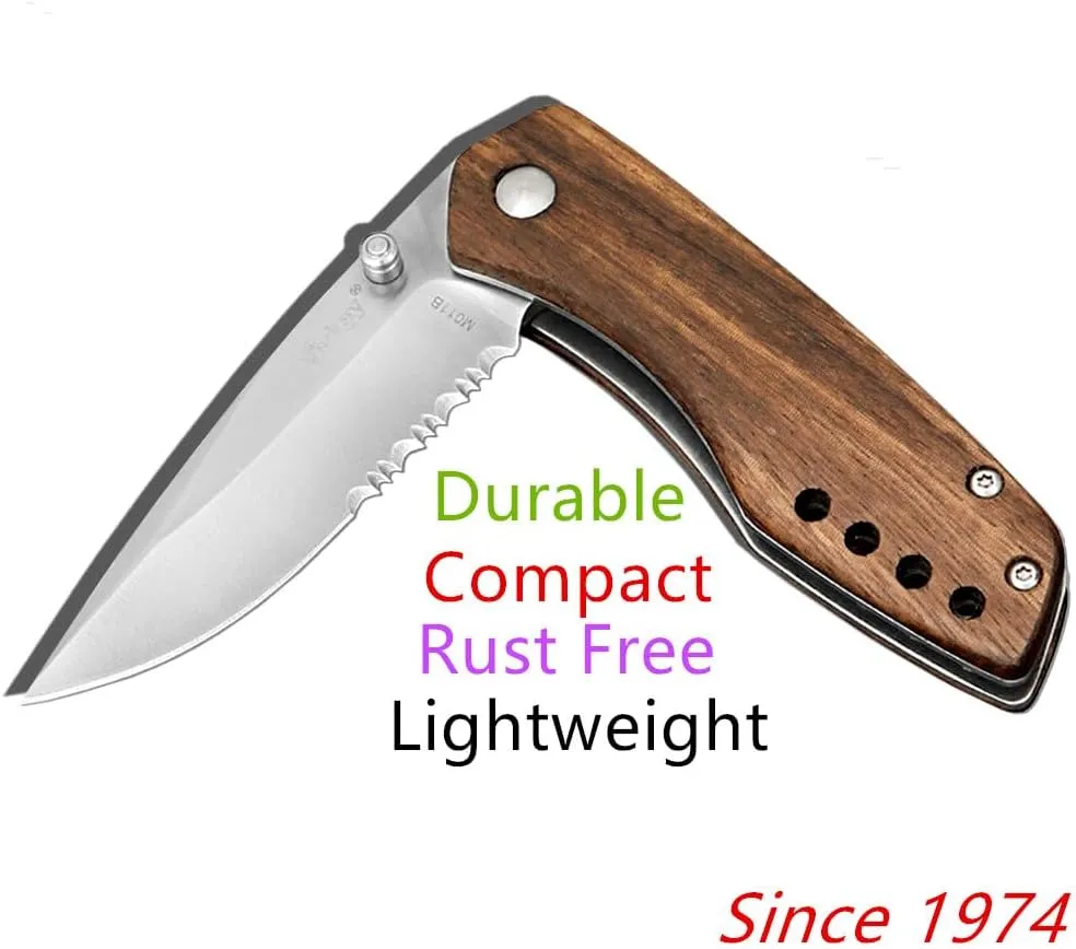 Harita Pocket Knife Folding Knife with Belt Clip, 2.9-inch 8Cr13Mov Steel Half Serrated Blade, Wood Handle, Safety Liner-Lock Knife for EDC Camping Fishing Camping Hunting Hiking Survival