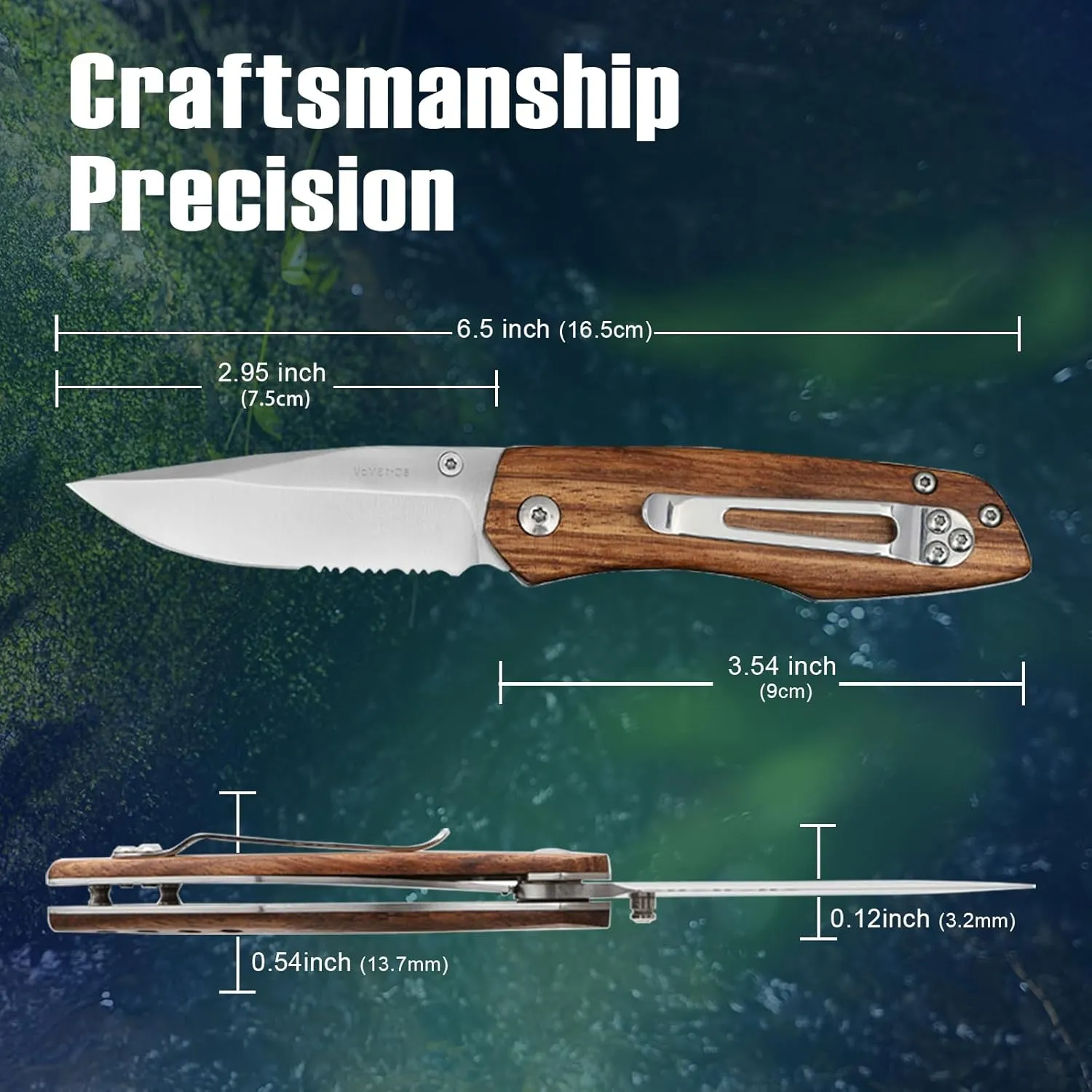 Harita Pocket Knife Folding Knife with Belt Clip, 2.9-inch 8Cr13Mov Steel Half Serrated Blade, Wood Handle, Safety Liner-Lock Knife for EDC Camping Fishing Camping Hunting Hiking Survival