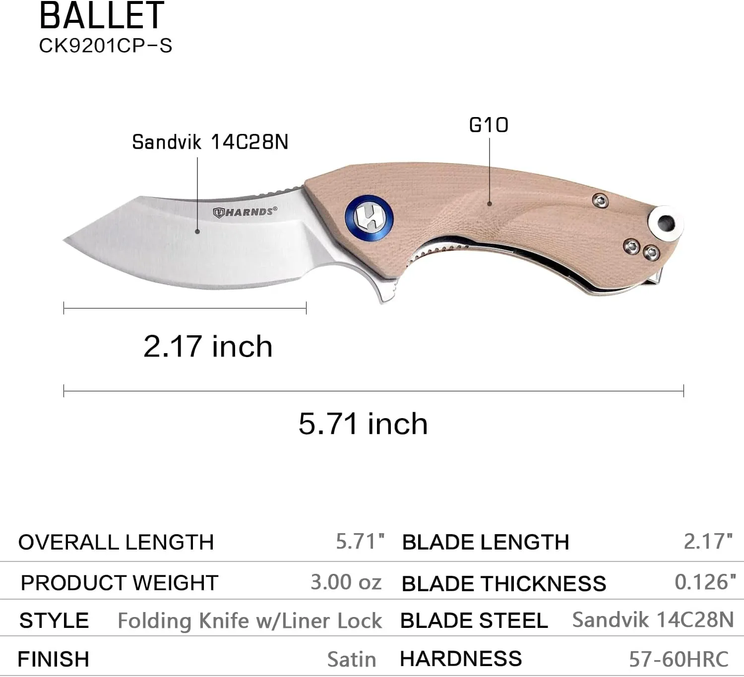 Harnds Ballet Folding Knife with Sandvik 14C28N Blade Camping Pocket Knife with Deep Carry Pocket Clip G10 Handle Flipper Open Liner Lock EDC (champagne)