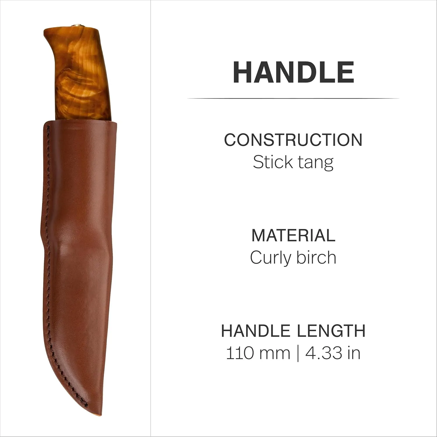 HELLE Knives - Fjellkniven - Outdoor Adventure Camping Knife, Stick Tang Stainless Steel Fixed Blade with Sheath, Curly Birch Handle, Made in Norway