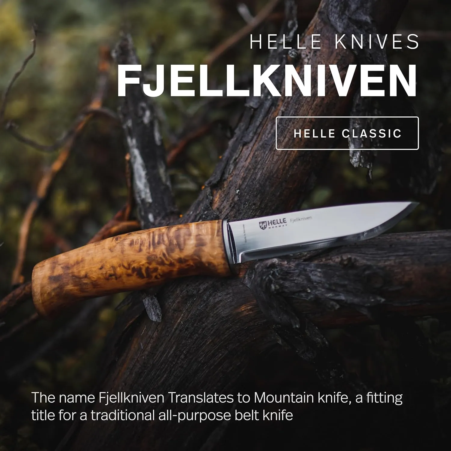 HELLE Knives - Fjellkniven - Outdoor Adventure Camping Knife, Stick Tang Stainless Steel Fixed Blade with Sheath, Curly Birch Handle, Made in Norway