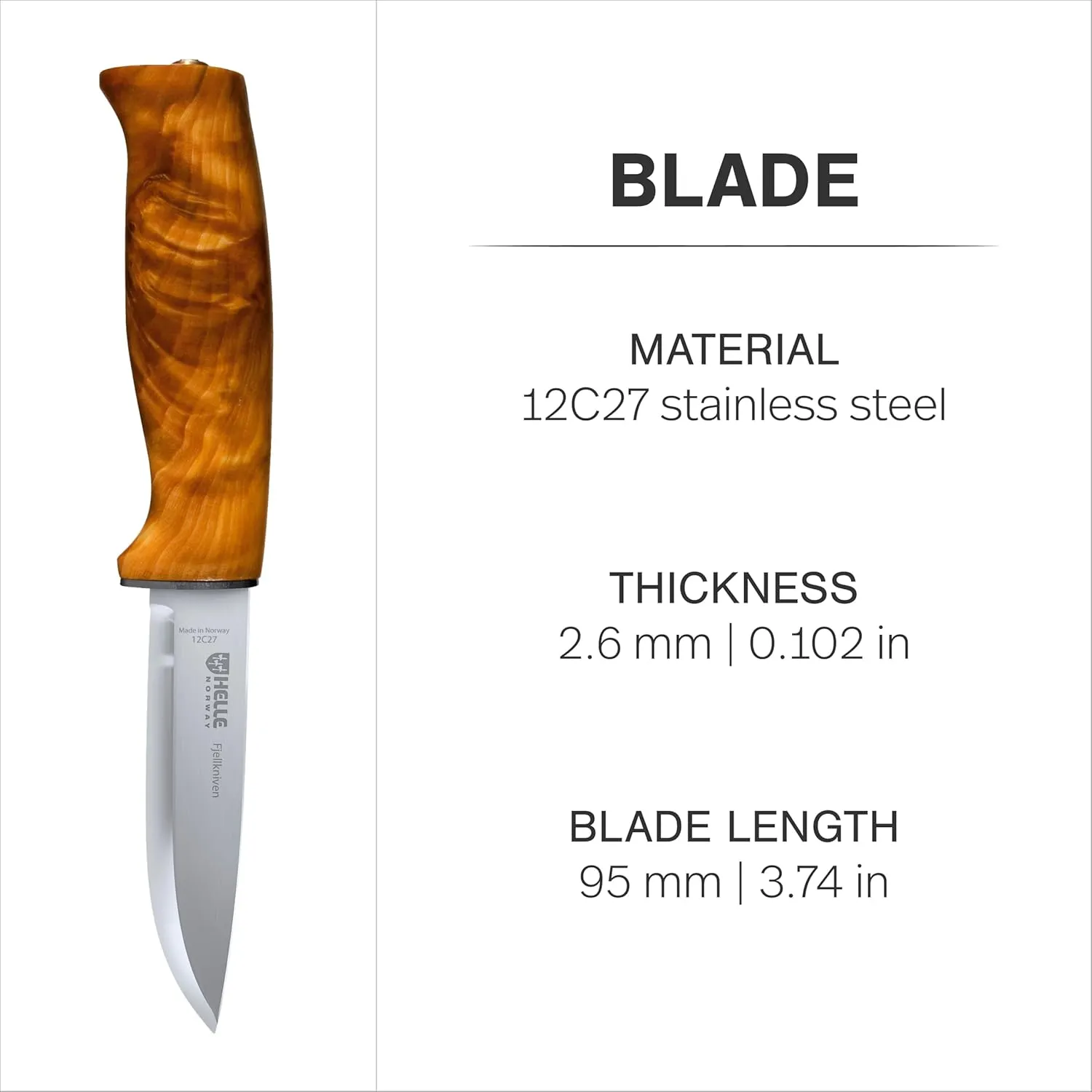 HELLE Knives - Fjellkniven - Outdoor Adventure Camping Knife, Stick Tang Stainless Steel Fixed Blade with Sheath, Curly Birch Handle, Made in Norway