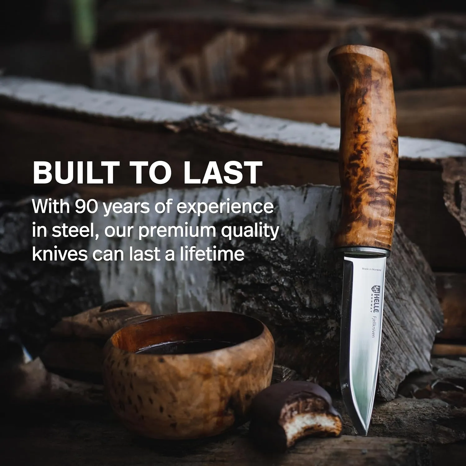 HELLE Knives - Fjellkniven - Outdoor Adventure Camping Knife, Stick Tang Stainless Steel Fixed Blade with Sheath, Curly Birch Handle, Made in Norway