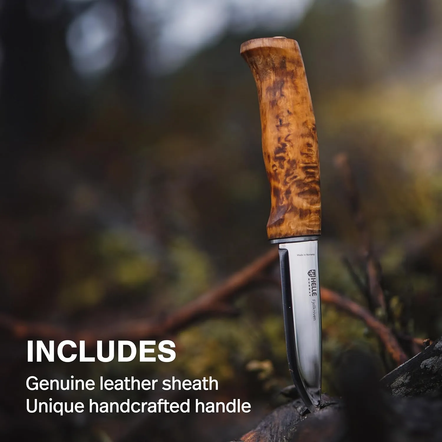 HELLE Knives - Fjellkniven - Outdoor Adventure Camping Knife, Stick Tang Stainless Steel Fixed Blade with Sheath, Curly Birch Handle, Made in Norway