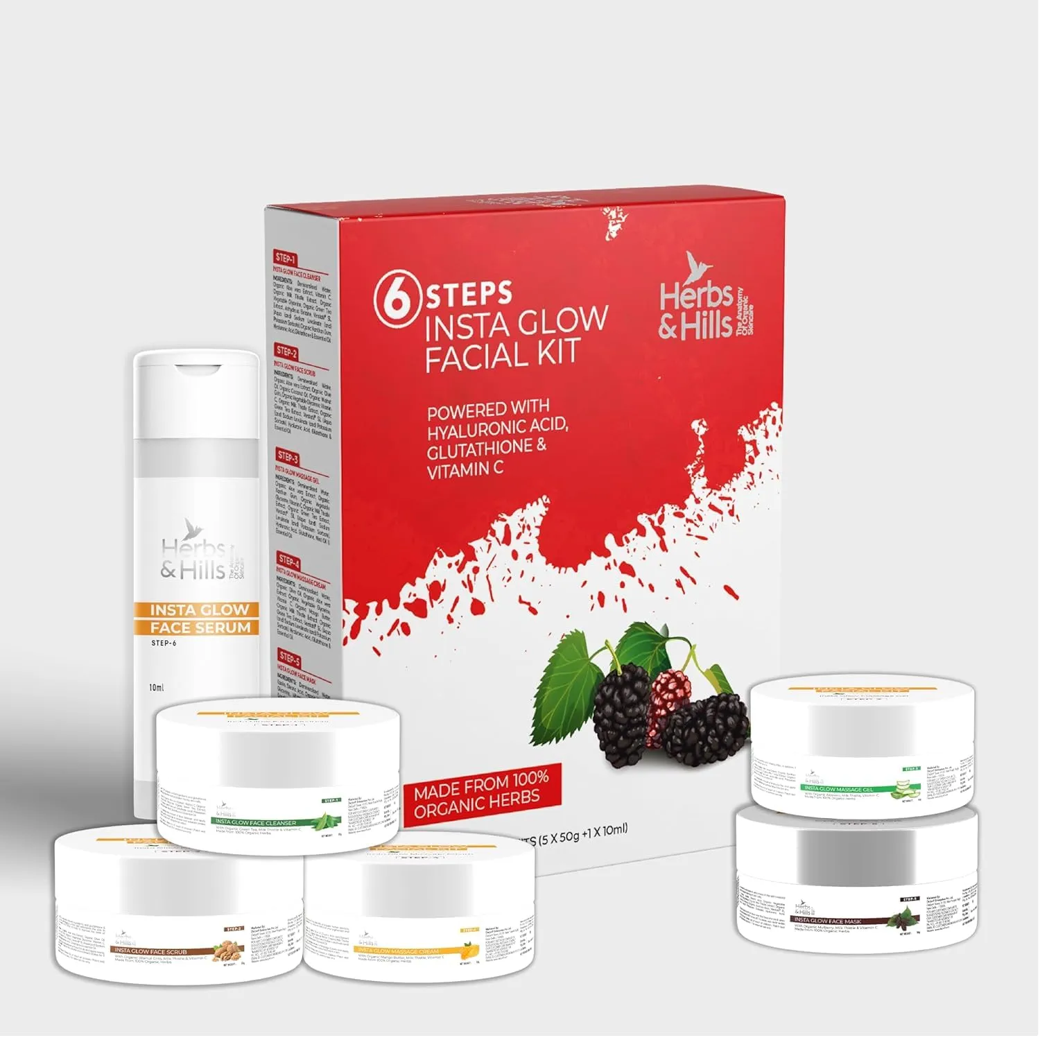 Herbs & Hills 6 Steps Insta Glow Facial Kit, Organic Skincare with Hyaluronic Acid, Vitamin C, Glutathione, Face Treatment Set