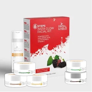 Herbs & Hills 6 Steps Insta Glow Facial Kit, Organic Skincare with Hyaluronic Acid, Vitamin C, Glutathione, Face Treatment Set