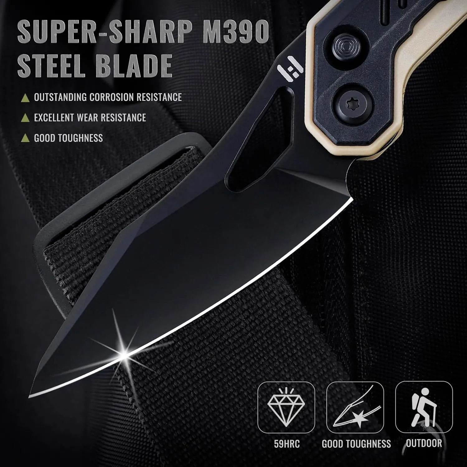 Hightron SPECTRON Pocket Knife,Button Lock Knife with 3.05" M390 Steel Blade,Nylon Fiber Handle,EDC Folding Knife, Lightweight Folding Pocket knife with Clip for Men and Women, Black&Khaki