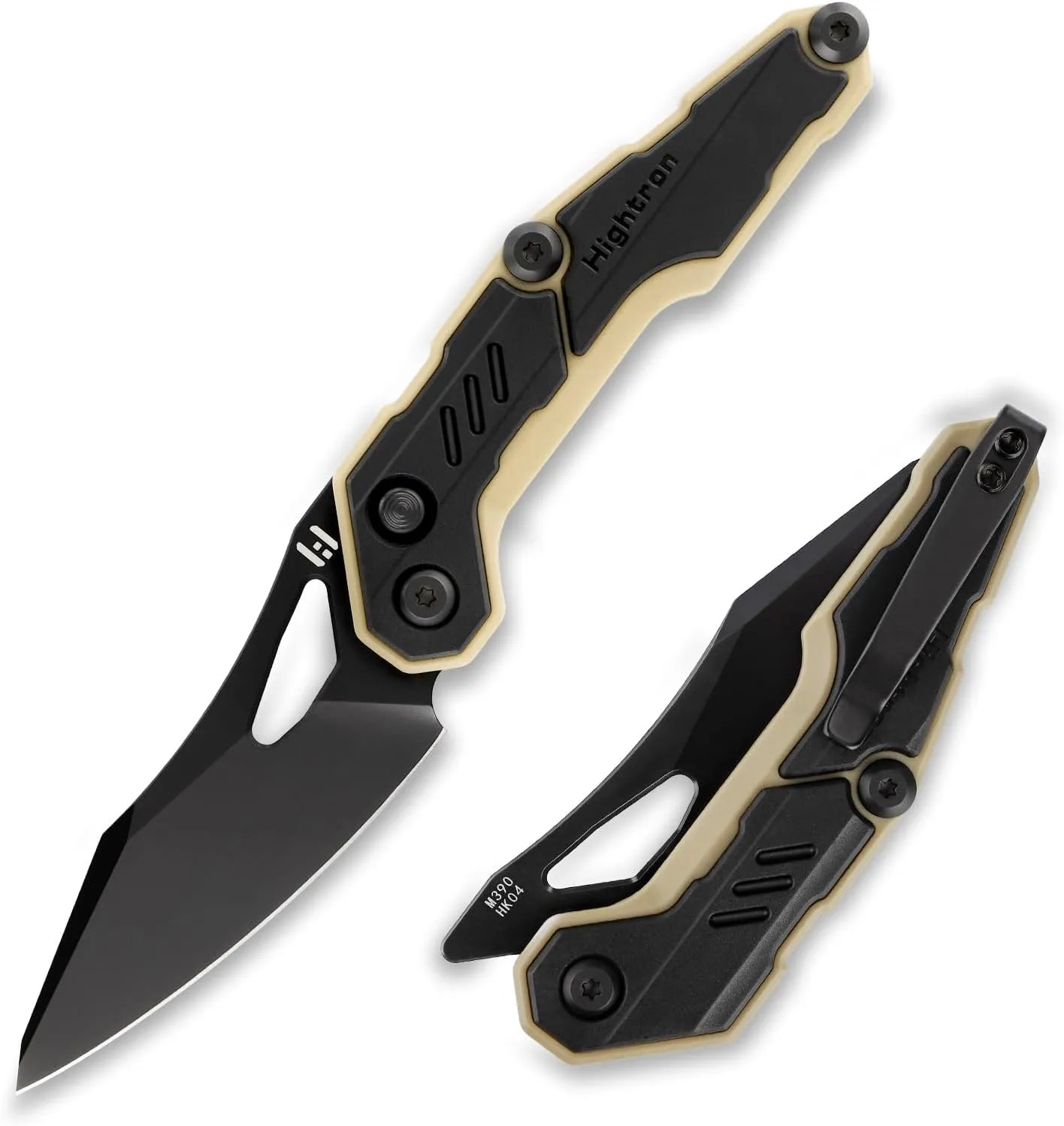 Hightron SPECTRON Pocket Knife,Button Lock Knife with 3.05" M390 Steel Blade,Nylon Fiber Handle,EDC Folding Knife, Lightweight Folding Pocket knife with Clip for Men and Women, Black&Khaki