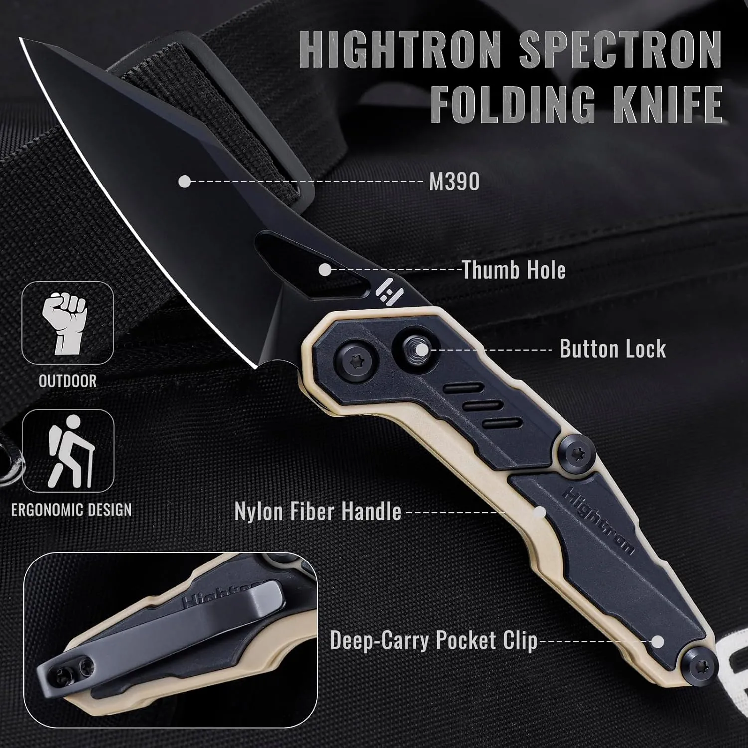 Hightron SPECTRON Pocket Knife,Button Lock Knife with 3.05" M390 Steel Blade,Nylon Fiber Handle,EDC Folding Knife, Lightweight Folding Pocket knife with Clip for Men and Women, Black&Khaki
