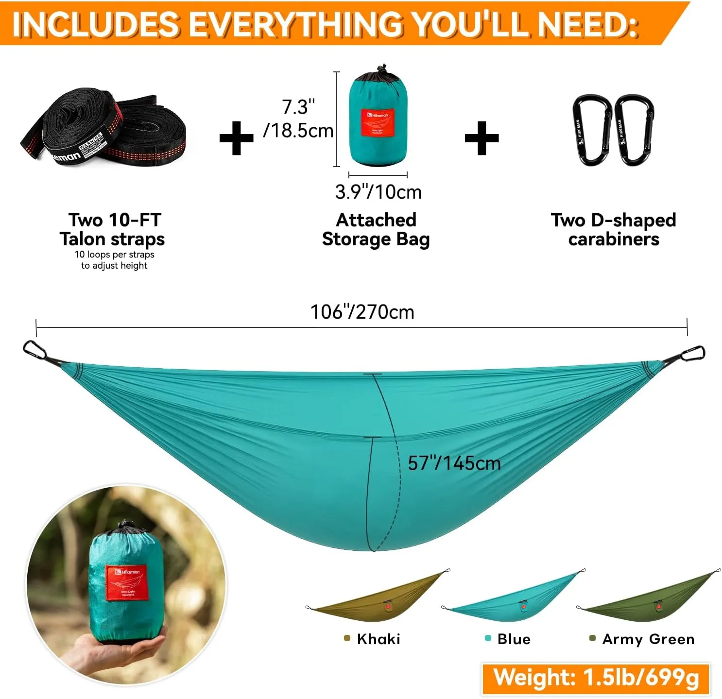 HIKEMAN Hammock for Camping Hammocks Gear for Outdoors Backpacking Survival or Travel - Portable Lightweight Nylon - Up to 440lbs(Army Green)