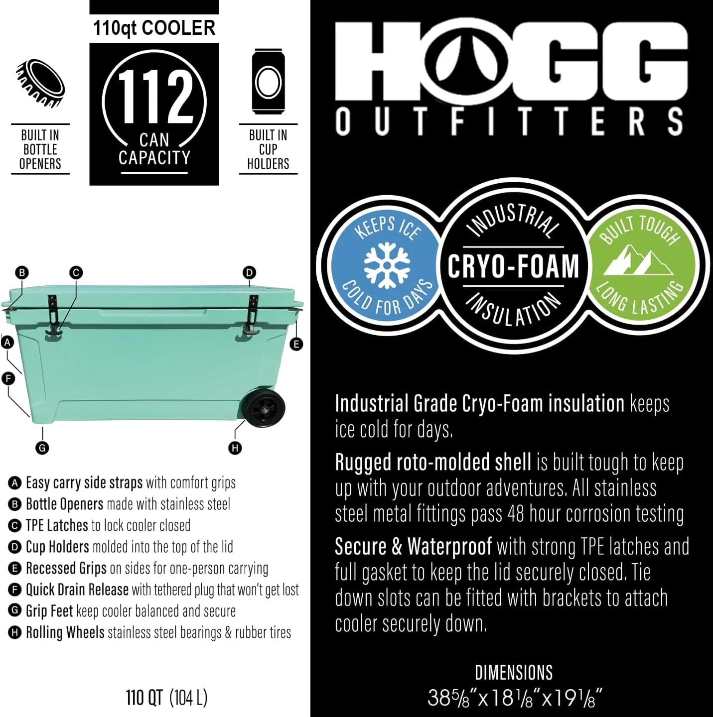 Hogg 65 qt Insulated Cooler with Wheels and Handles, Rolling Ice Chest with Wheels, Rotomolded Wheeled Coolers for Camping, Drinks, Outdoors, 65qt Blue