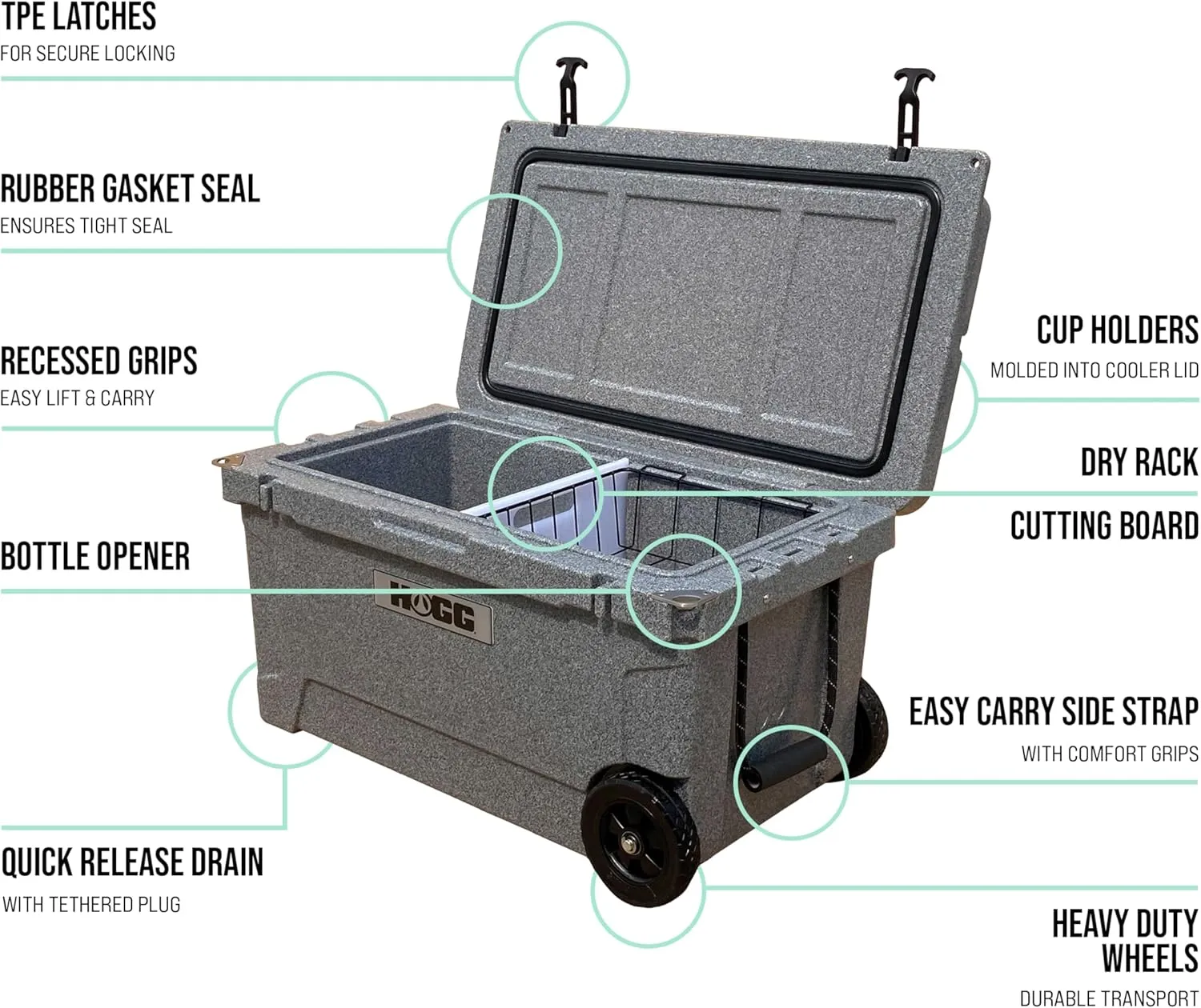 Hogg 65 qt Insulated Cooler with Wheels and Handles, Rolling Ice Chest with Wheels, Rotomolded Wheeled Coolers for Camping, Drinks, Outdoors, 65qt Blue