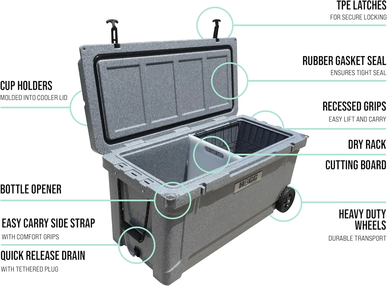 Hogg 65 qt Insulated Cooler with Wheels and Handles, Rolling Ice Chest with Wheels, Rotomolded Wheeled Coolers for Camping, Drinks, Outdoors, 65qt Blue