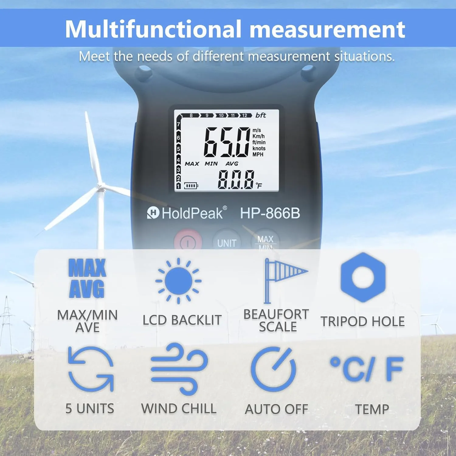 HoldPeak 866B Digital Anemometer Handheld Wind Speed Meter for Measuring Wind Speed, Temperature and Wind Chill with Backlight and Max/Min