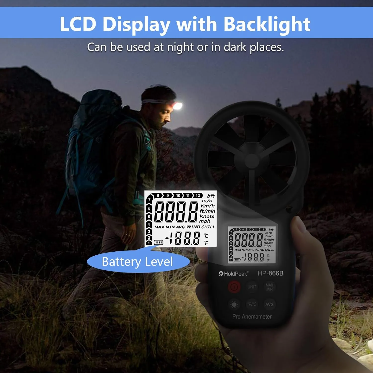 HoldPeak 866B Digital Anemometer Handheld Wind Speed Meter for Measuring Wind Speed, Temperature and Wind Chill with Backlight and Max/Min