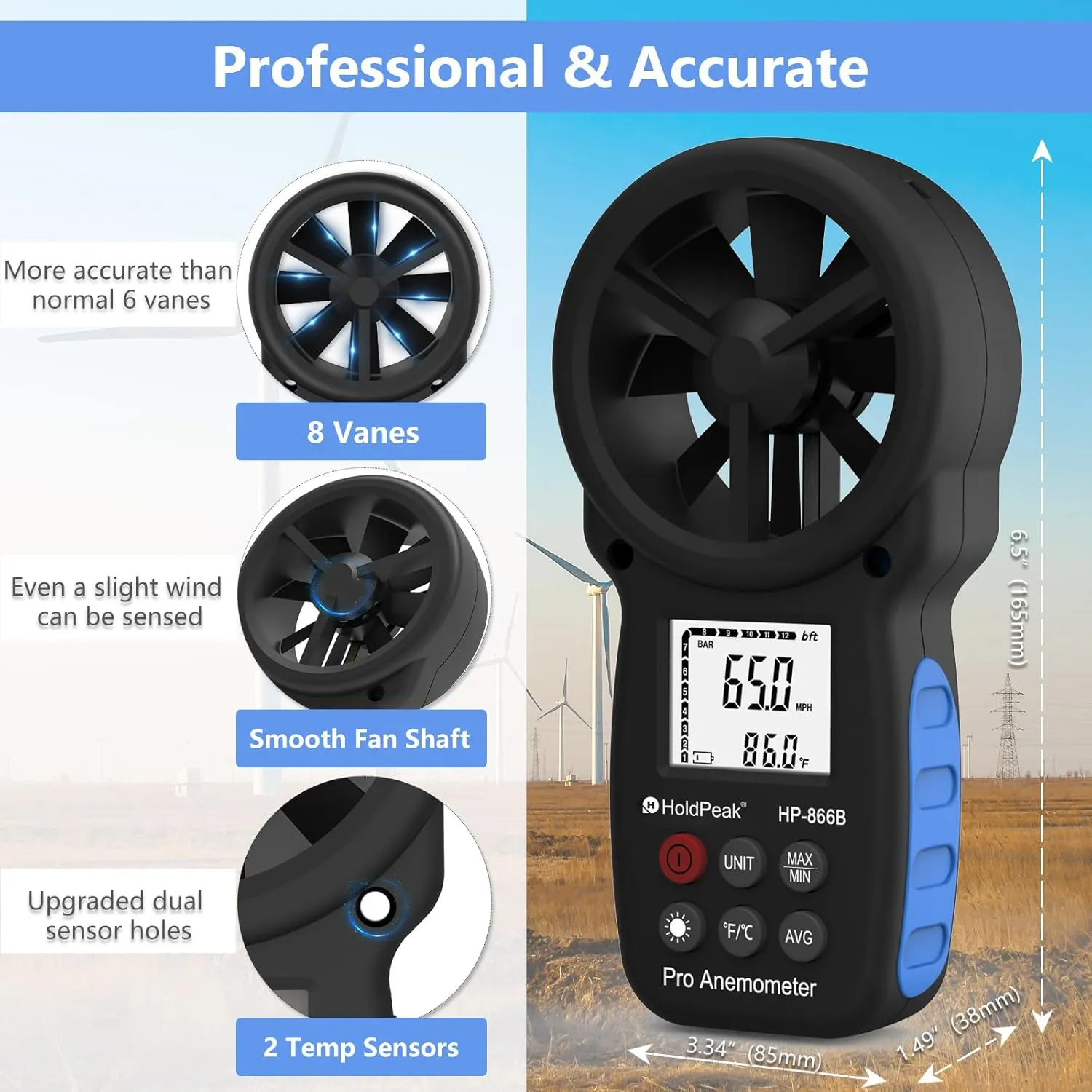 HoldPeak 866B Digital Anemometer Handheld Wind Speed Meter for Measuring Wind Speed, Temperature and Wind Chill with Backlight and Max/Min
