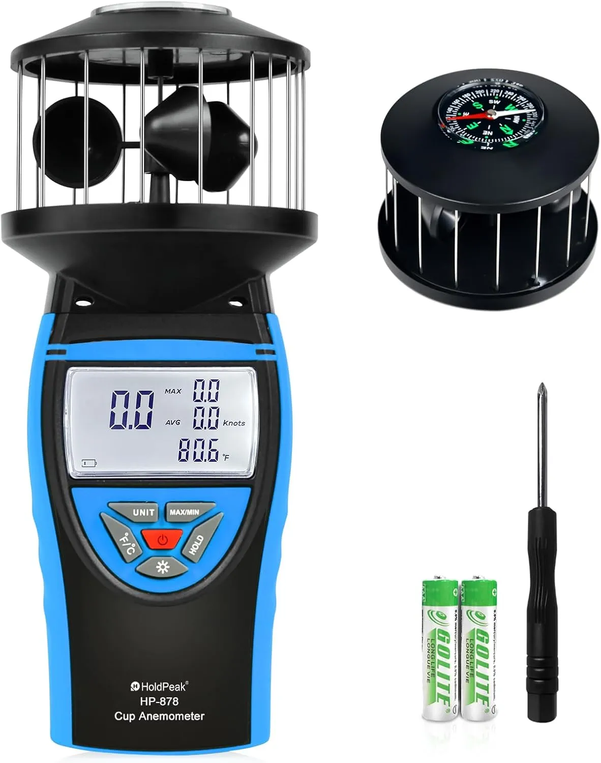 HoldPeak Handheld Cup Anemometer with Compass, 360° Wind Measuring Digital Air Wind Speed Meter, 93MPH Wind Speed Measuring Device Gauges for Outdoor Sailing HVAC Golf Shooting, HP-878