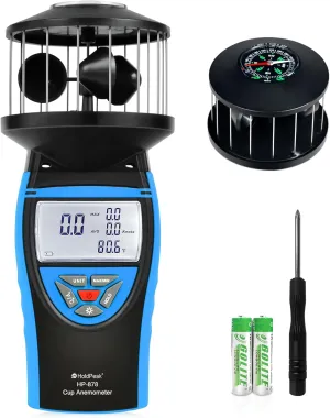 HoldPeak Handheld Cup Anemometer with Compass, 360° Wind Measuring Digital Air Wind Speed Meter, 93MPH Wind Speed Measuring Device Gauges for Outdoor Sailing HVAC Golf Shooting, HP-878