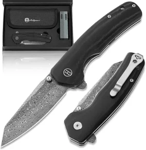 Holtzman's Gorilla Survival 'Clip Point' Folding Knife featuring D2 Steel Blade with G10 Tactical Handle in Gift Box Set (Damascus)