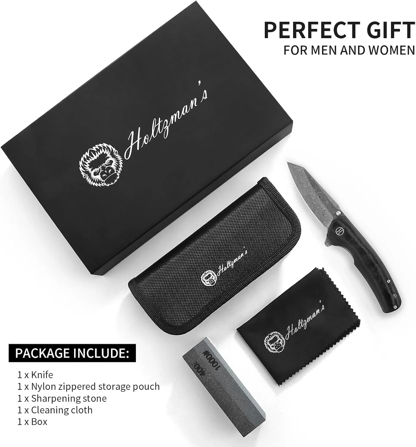Holtzman's Gorilla Survival 'Clip Point' Folding Knife featuring D2 Steel Blade with G10 Tactical Handle in Gift Box Set (Damascus)