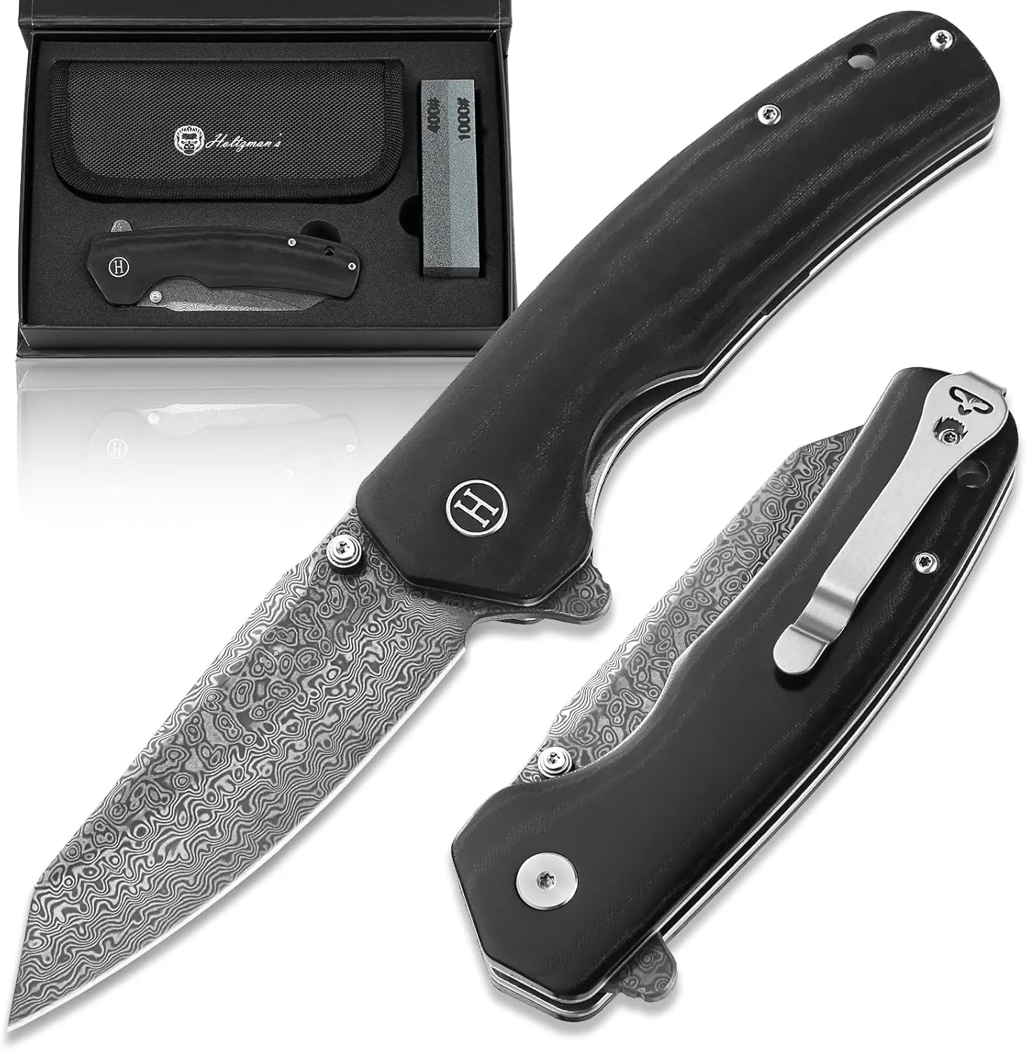 Holtzman's Gorilla Survival 'Clip Point' Folding Knife featuring D2 Steel Blade with G10 Tactical Handle in Gift Box Set (Damascus)