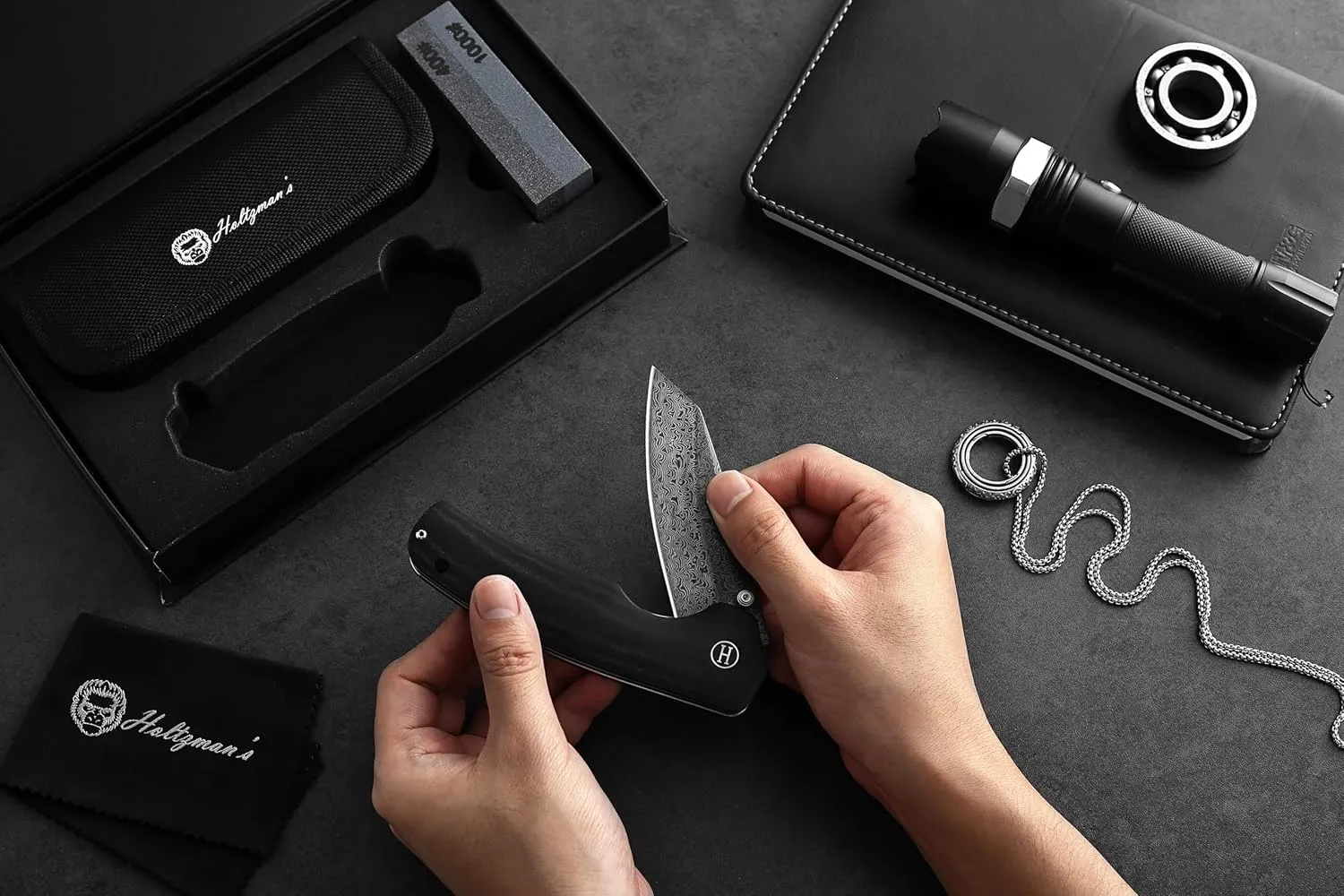 Holtzman's Gorilla Survival 'Clip Point' Folding Knife featuring D2 Steel Blade with G10 Tactical Handle in Gift Box Set (Damascus)