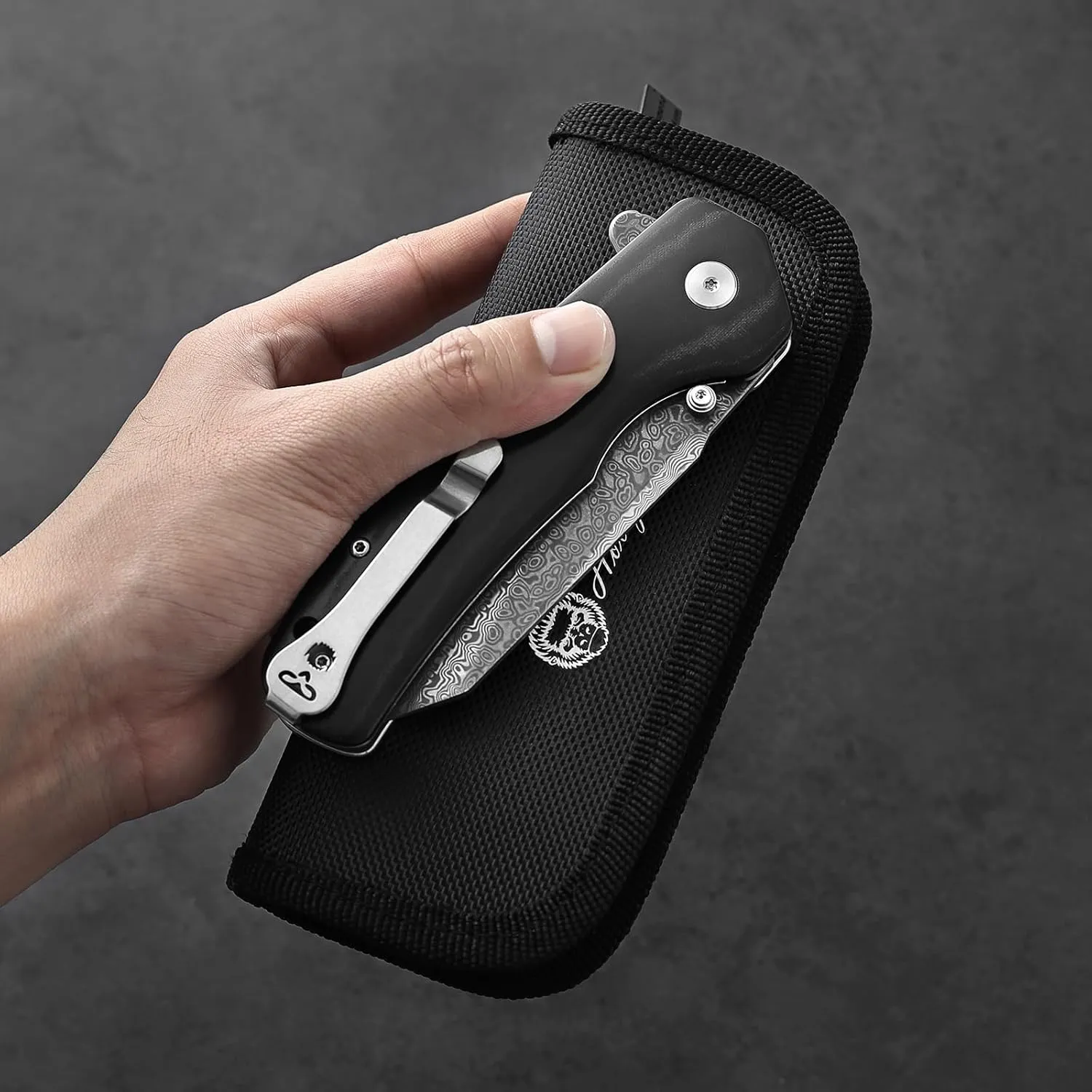 Holtzman's Gorilla Survival 'Clip Point' Folding Knife featuring D2 Steel Blade with G10 Tactical Handle in Gift Box Set (Damascus)