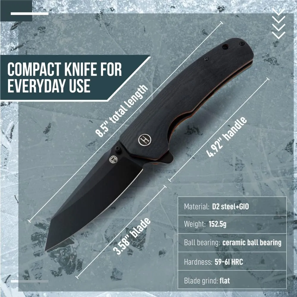Holtzman's Gorilla Survival Clip Point Pocket Knife with G10 Tactical Handle, D2 Steel Blade, Gift Box Set (Black Orange) - Great for Everyday Carry